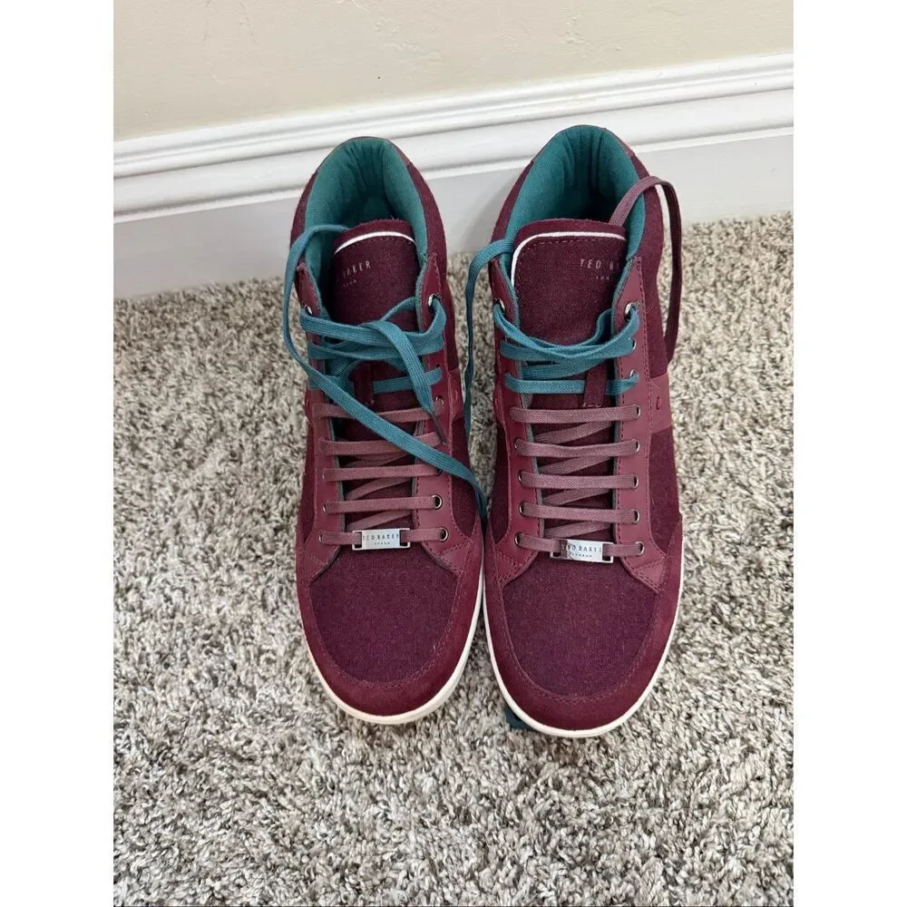 New TED BAKER London $195  Burgundy Felt Colorblock Miykal Hi Top Sneakers US 9,